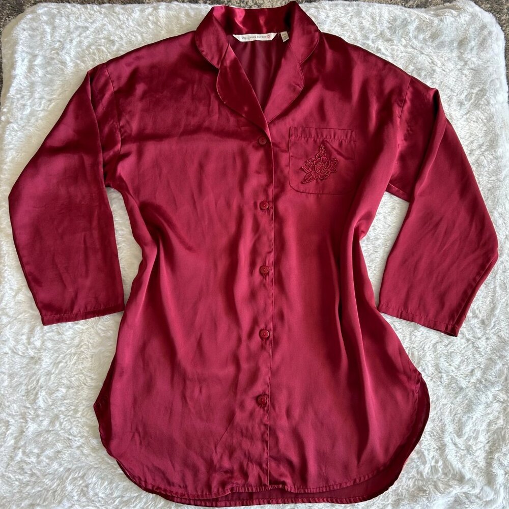 Victoria's Secret Y2K Burgundy Red Satin Nightgown Sleep Shirt Button Down - Med